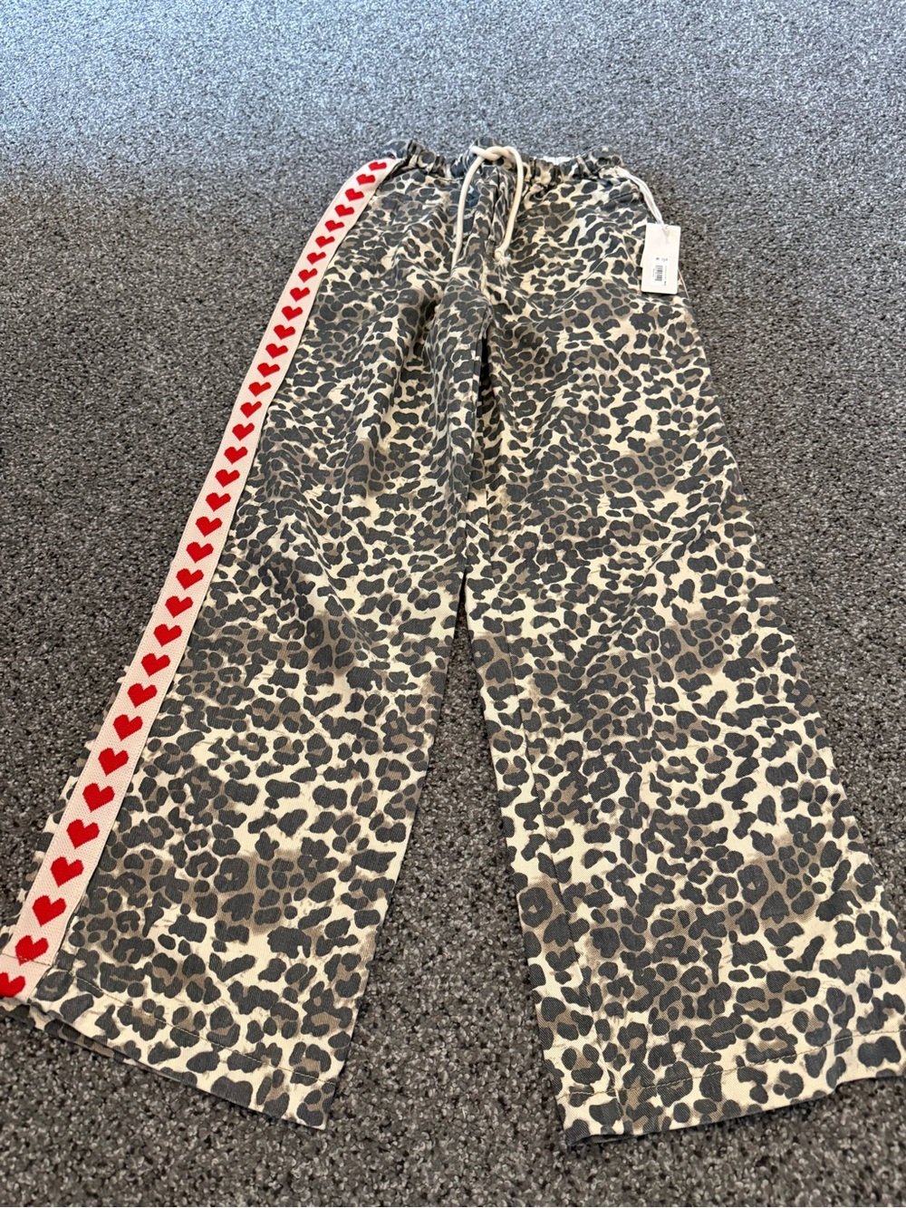 Altar'd State Cream & Gray Leopard Straight Leg Pants with Red Heart Side Stripe